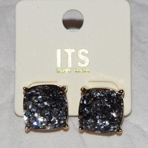 NWT ITS SENSE Black Silver Speckled Studs Gold Setting Earrings - Picture 3 of 5